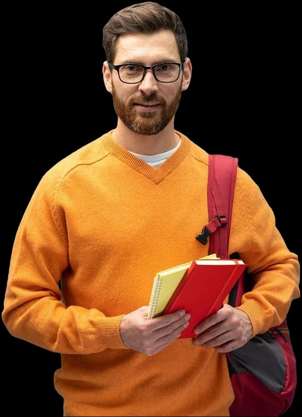 Professional educator with books and geometric background